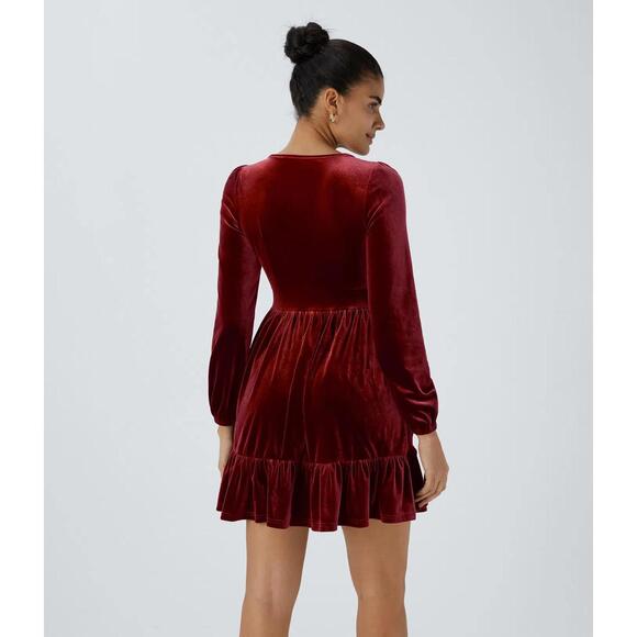 NWT Halara Deep V Neck Long Sleeve Ruffle Hem Velvet Mini Chill Dress Sangria XS - Picture 3 of 13